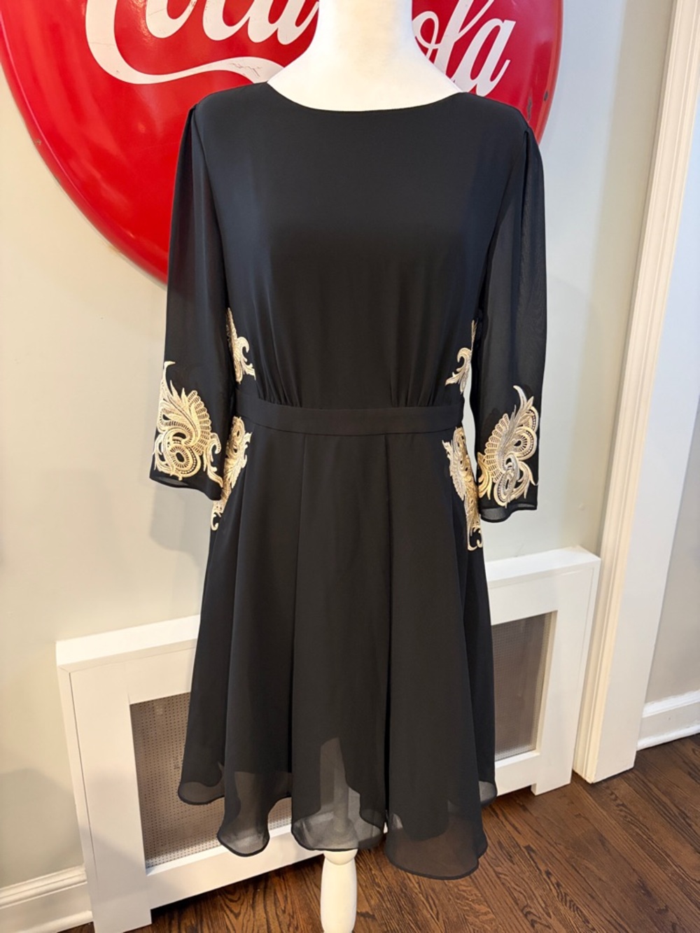 Ted Baker Black Sheer and Gold Embroidered Midi Gaenor Dress, size U.S. 8